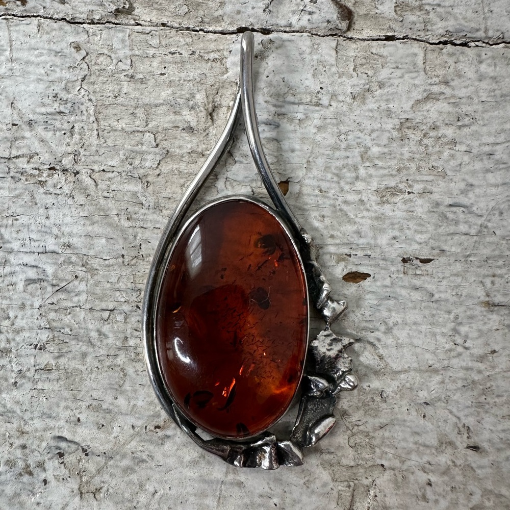 Vintage Modernist Amber Sterling Silver Pendant